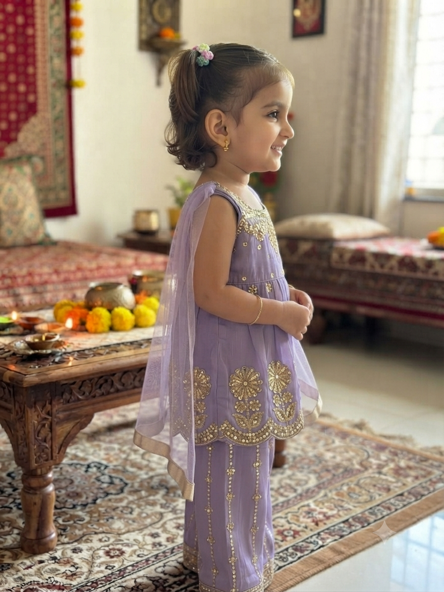 Lavender Floral Sequin Peplum Kurta & Sharara Set for Girls