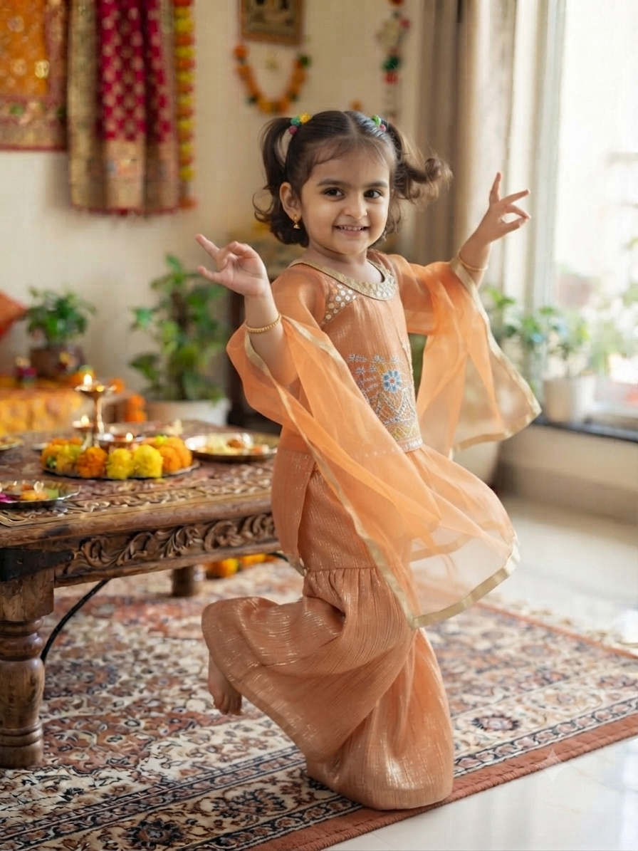Vibrant Orange Festive Kurti & Sharara Set for Girls | Olecuzi