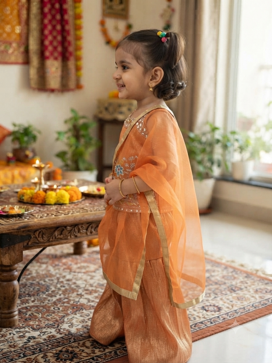 Vibrant Orange Festive Kurti & Sharara Set for Girls | Olecuzi