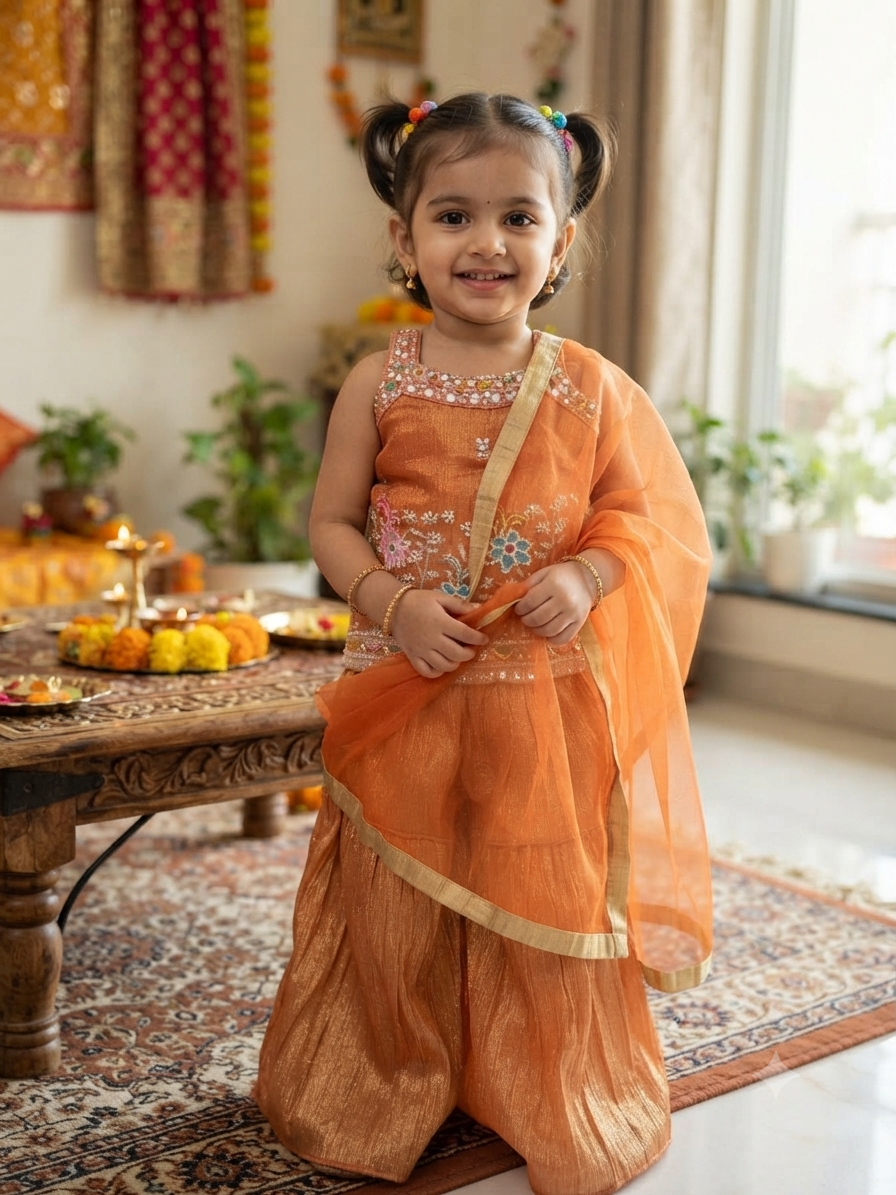 Vibrant Orange Festive Kurti & Sharara Set for Girls | Olecuzi