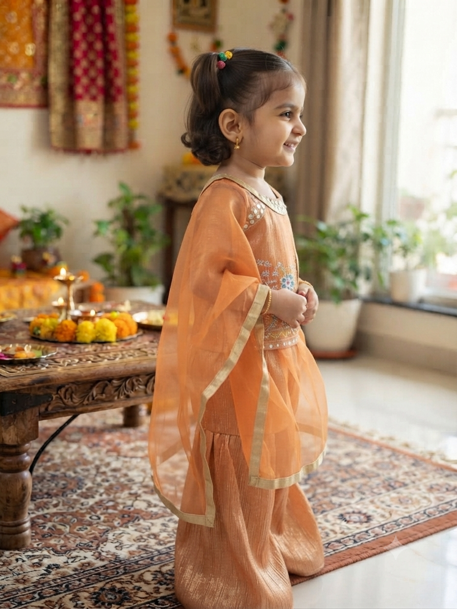 Vibrant Orange Festive Kurti & Sharara Set for Girls | Olecuzi