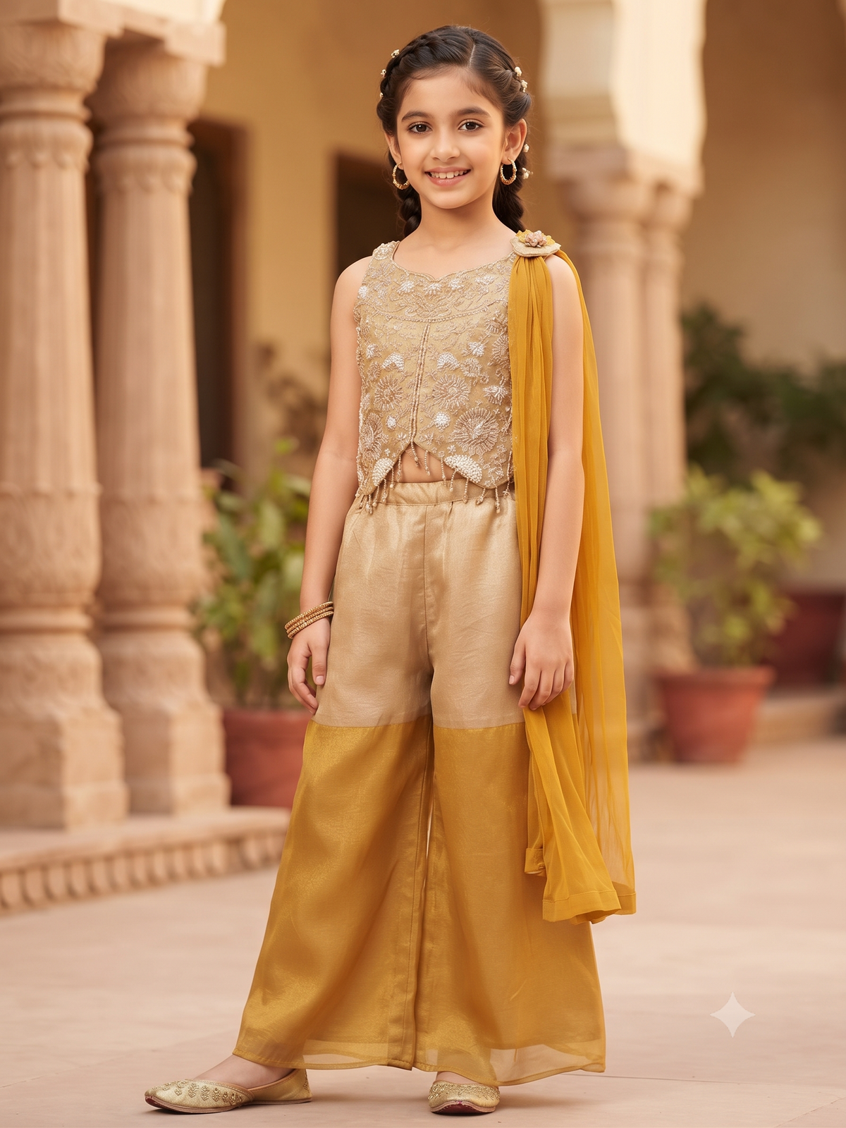 Designer Gold & Mustard Girls Ethnic Sharara Set | Olecuzi