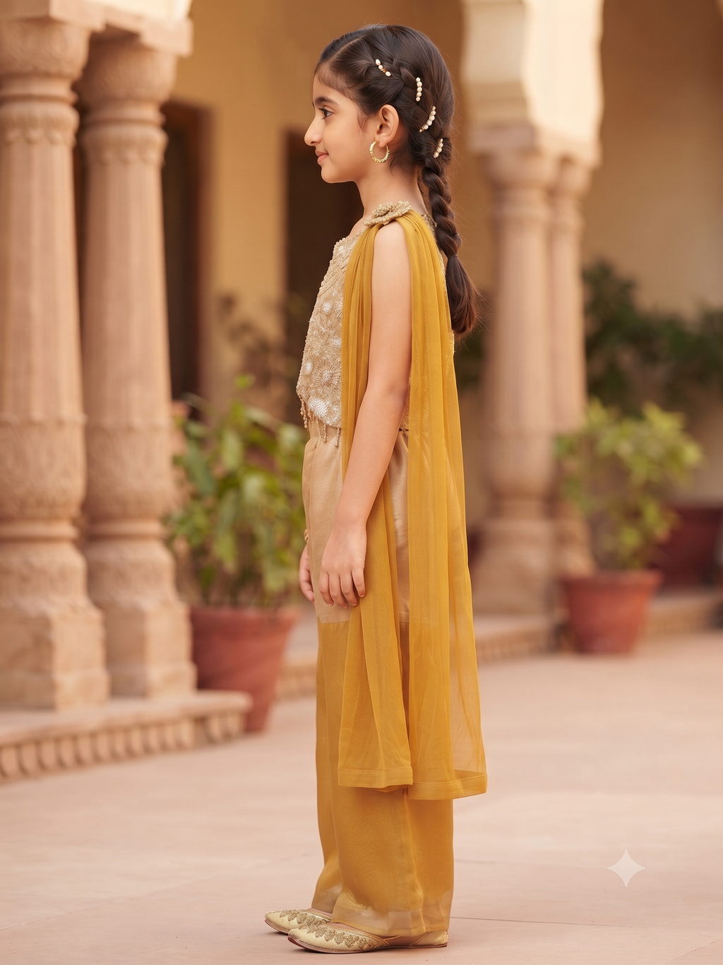 Designer Gold & Mustard Girls Ethnic Sharara Set | Olecuzi
