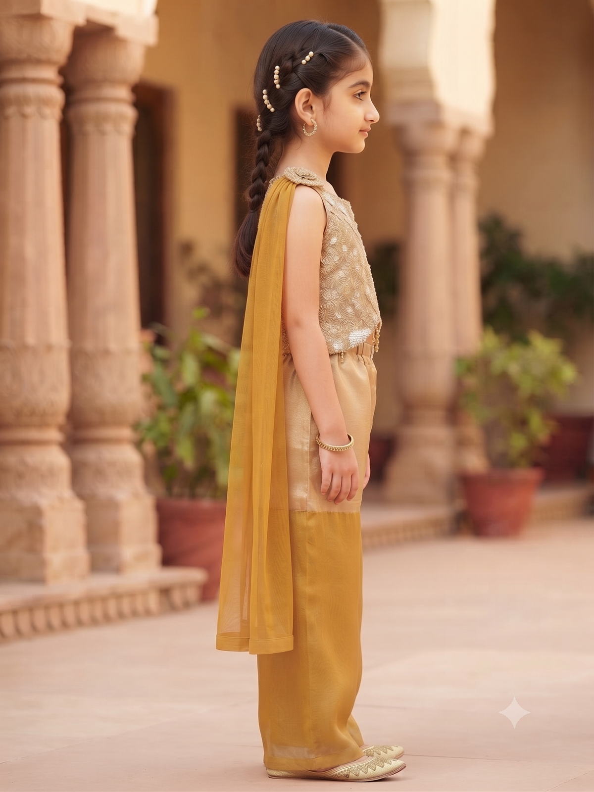 Designer Gold & Mustard Girls Ethnic Sharara Set | Olecuzi