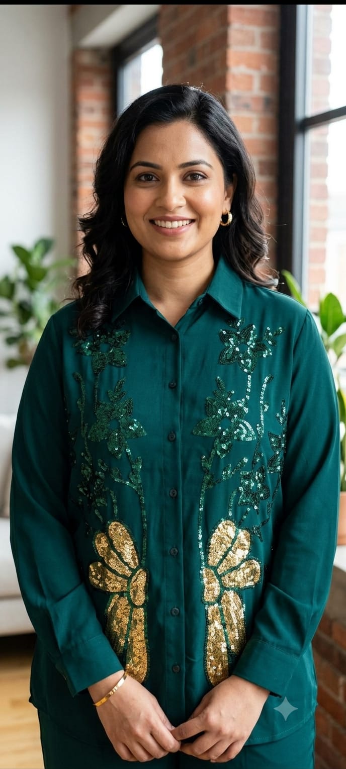 Emerald Green Sequined Floral Shirt Co-Ord Set -6490