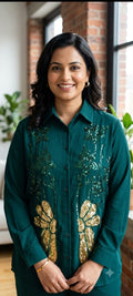 Emerald Green Sequined Floral Shirt Co-Ord Set -6490