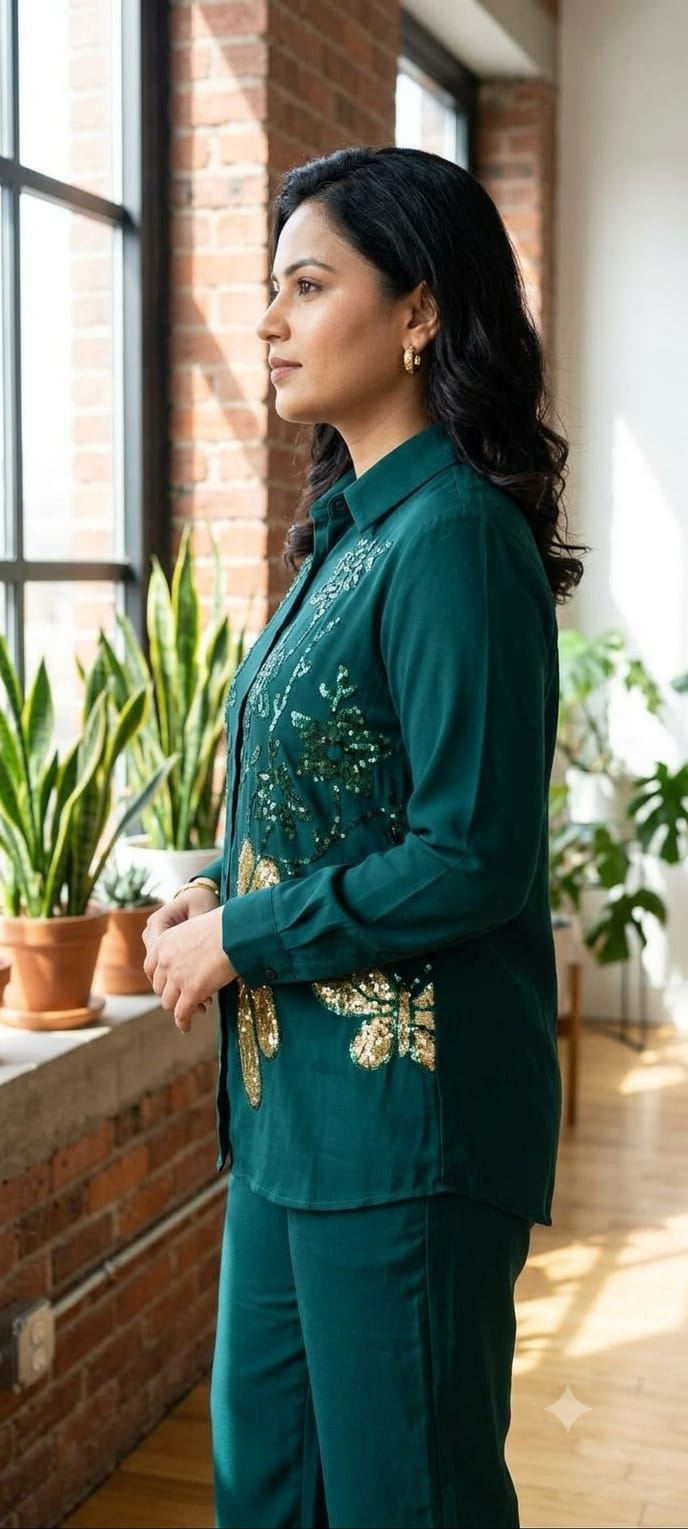 Emerald Green Sequined Floral Shirt Co-Ord Set -6490