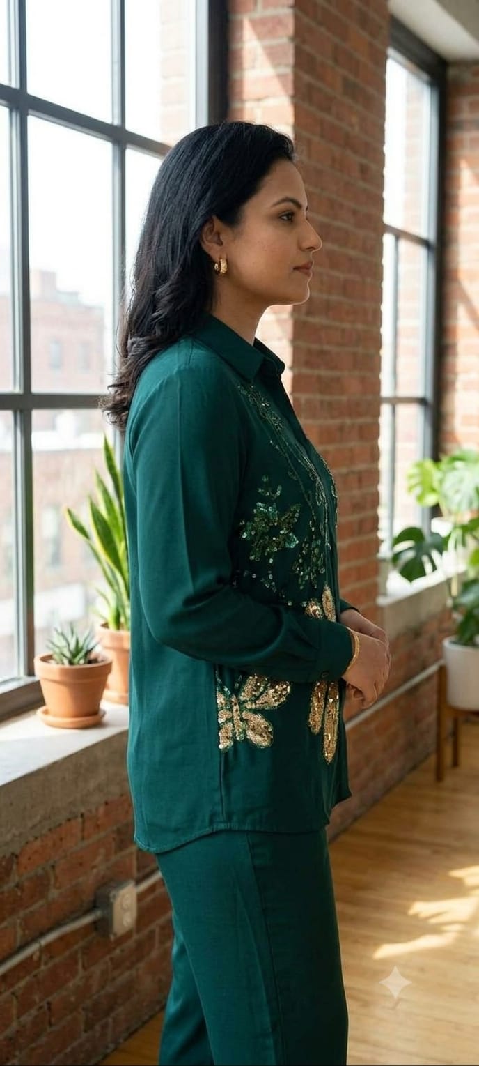 Emerald Green Sequined Floral Shirt Co-Ord Set -6490