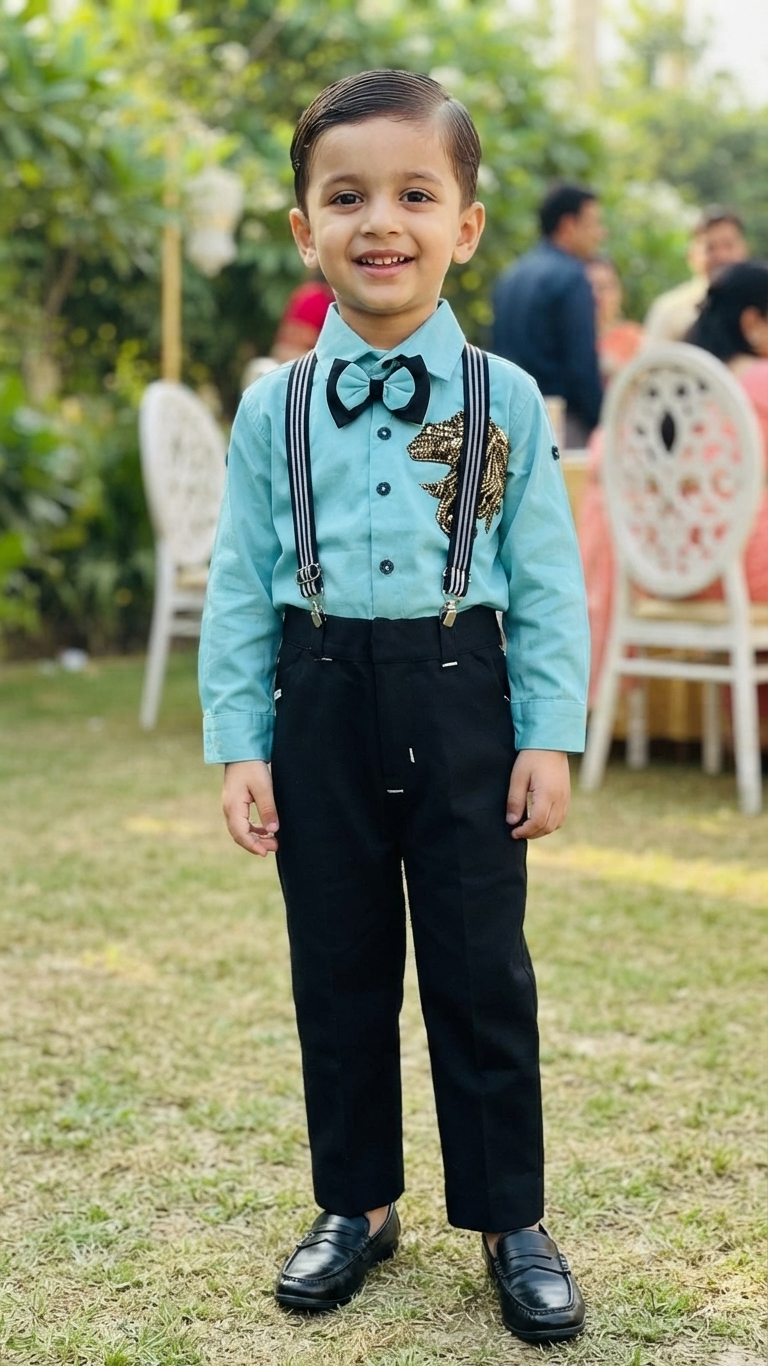 Kids Mint Green & Black Formal Suit Set with Gold Embroidery & Bow Tie | Olecuzi