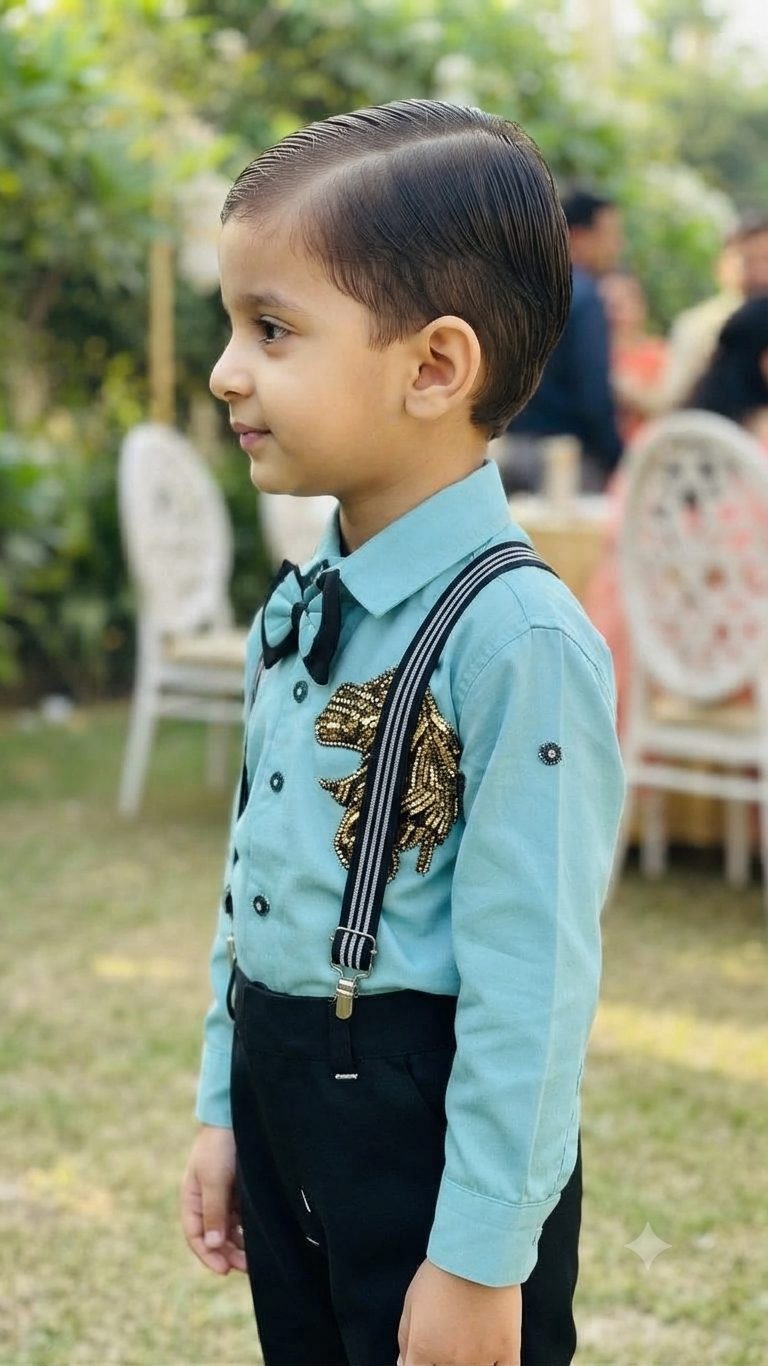 Kids Mint Green & Black Formal Suit Set with Gold Embroidery & Bow Tie | Olecuzi