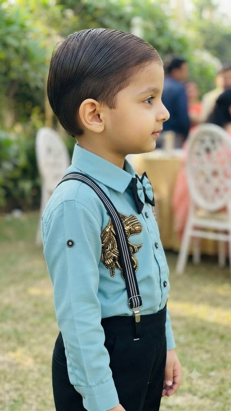Kids Mint Green & Black Formal Suit Set with Gold Embroidery & Bow Tie | Olecuzi