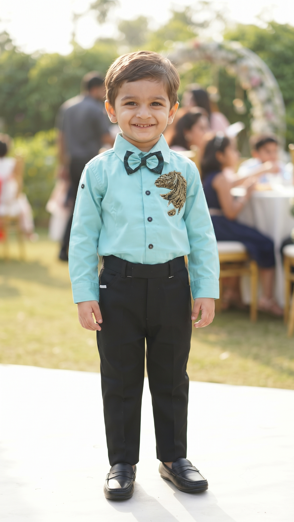 Kids Mint Green & Black Formal Suit Set with Gold Embroidery & Bow Tie | Olecuzi