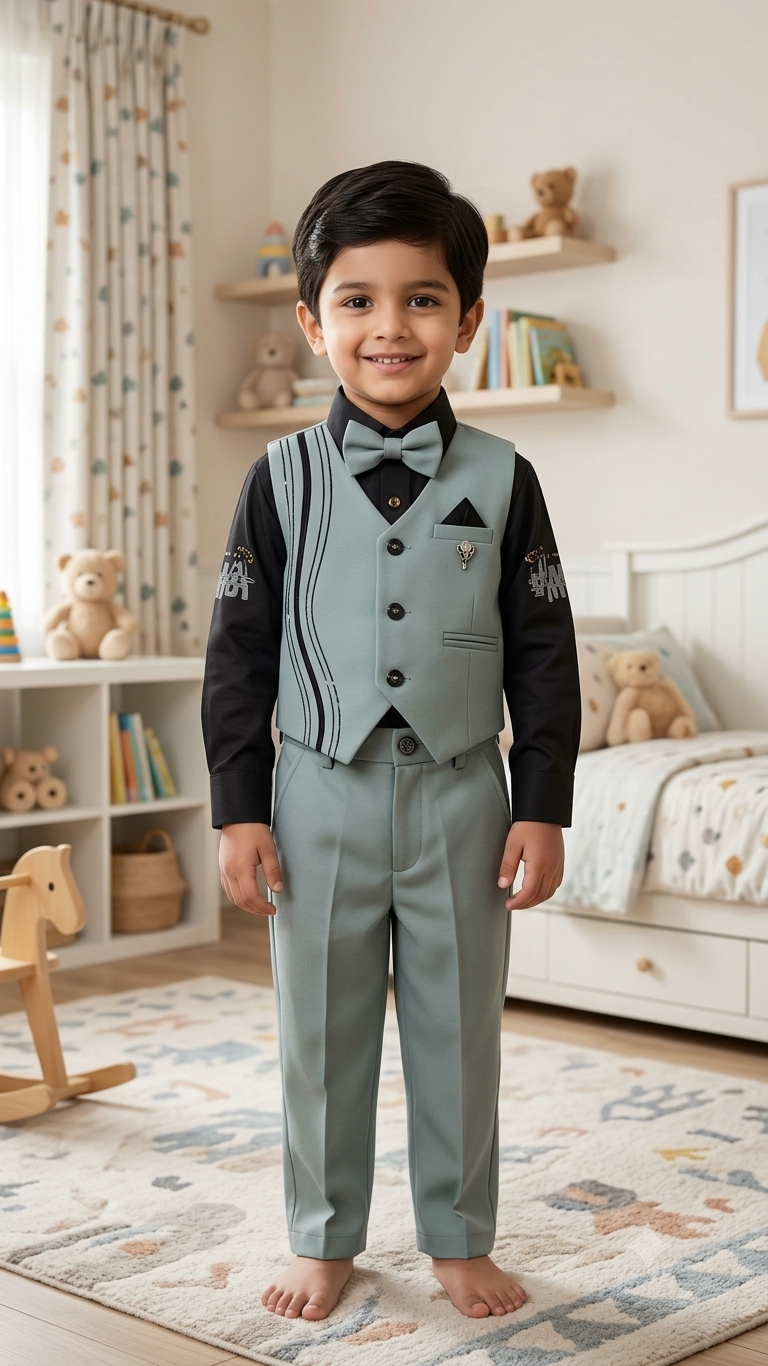 Boys Grey Waistcoat Set with Black Shirt & Bow Tie - 6534N