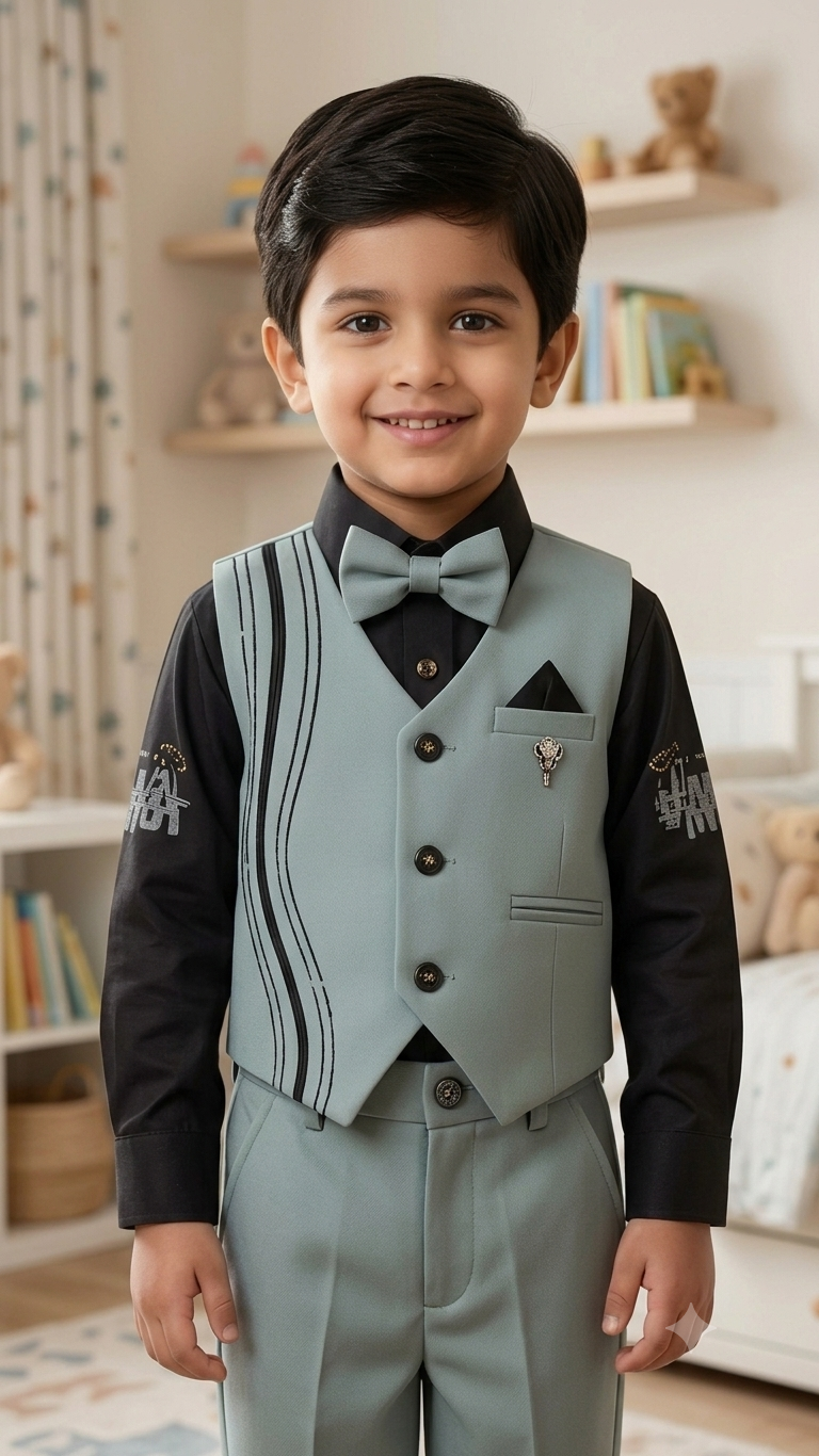 Boys Grey Waistcoat Set with Black Shirt & Bow Tie - 6534N