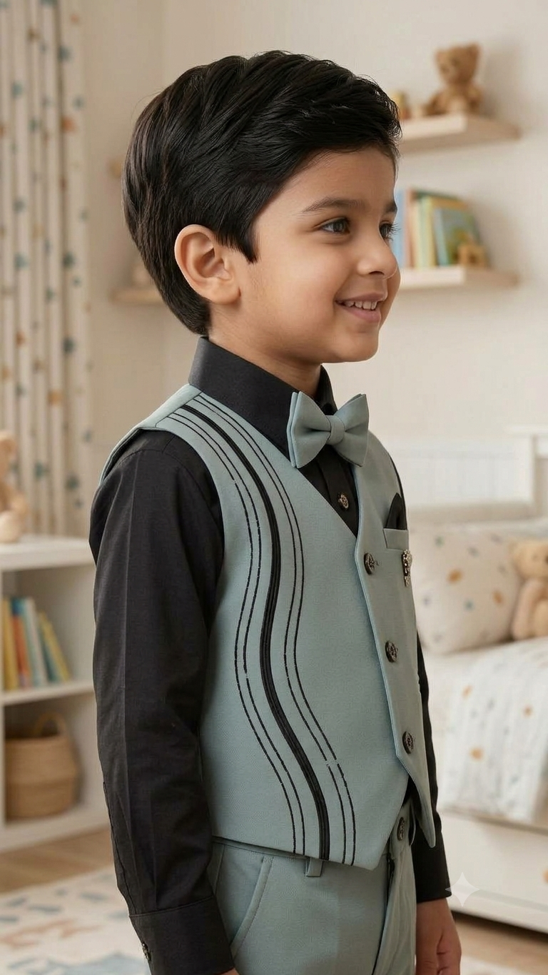 Boys Grey Waistcoat Set with Black Shirt & Bow Tie - 6534N