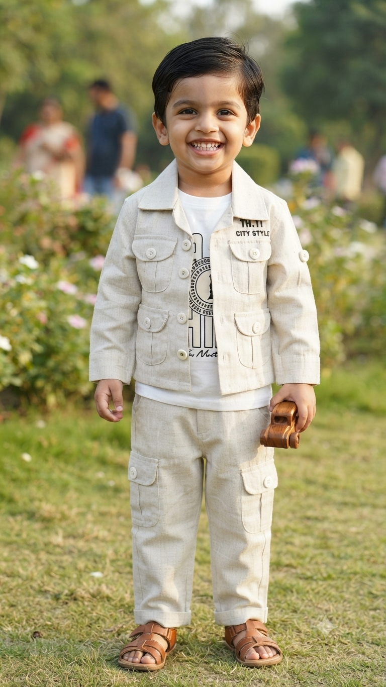 Kids Beige Casual Cargo Jacket & Pants Set with T-Shirt | Olecuzi