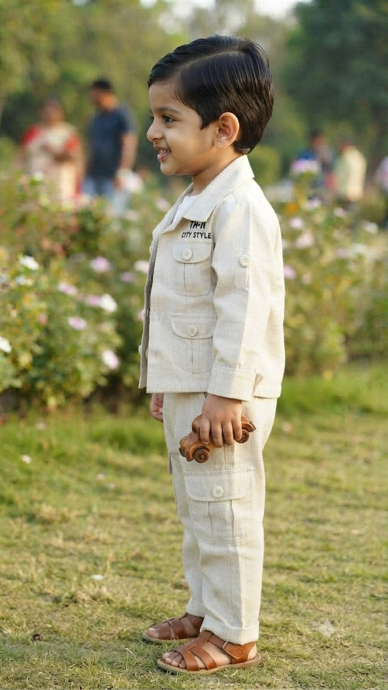 Kids Beige Casual Cargo Jacket & Pants Set with T-Shirt | Olecuzi