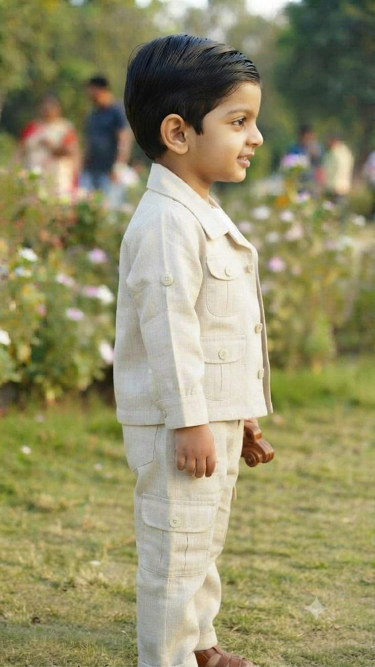 Kids Beige Casual Cargo Jacket & Pants Set with T-Shirt | Olecuzi