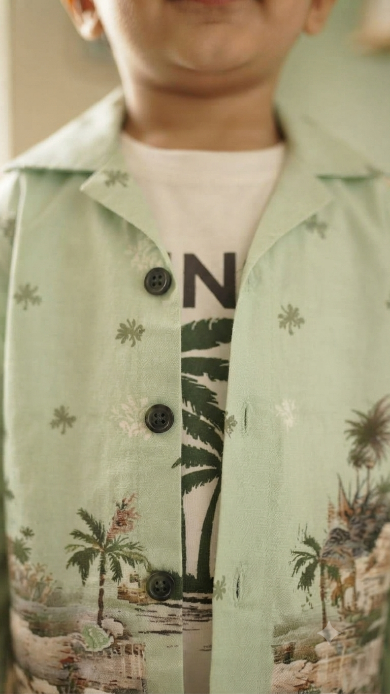 Buy Boys Mint Green Tropical Printed Shirt & Olive Cargo Pants Set -6537
