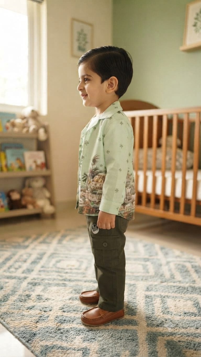 Buy Boys Mint Green Tropical Printed Shirt & Olive Cargo Pants Set -6537
