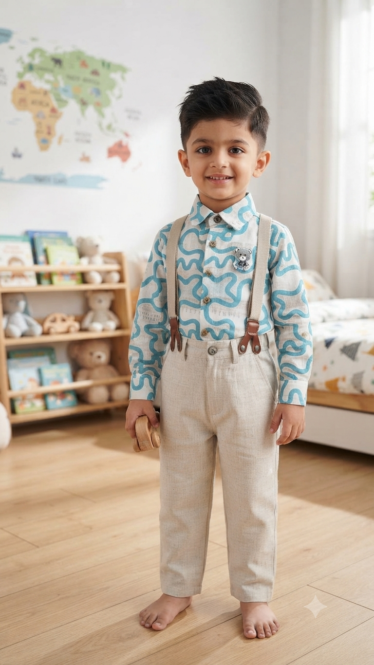 Blue Printed Shirt & Beige Cargo Pants with Suspenders -6538 B