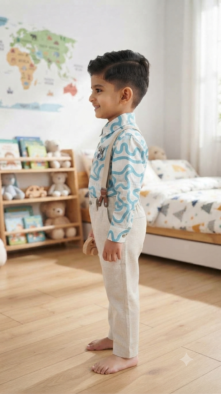 Blue Printed Shirt & Beige Cargo Pants with Suspenders -6538 B