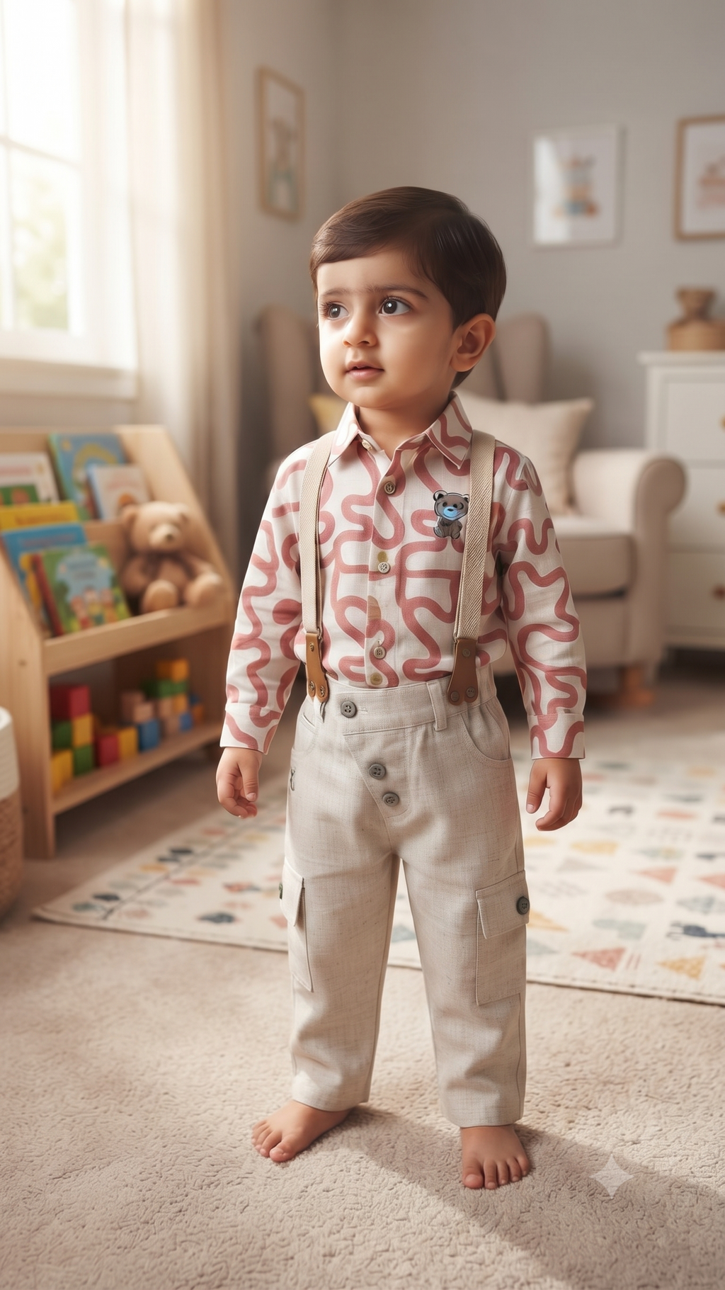 Toddler Printed Shirt, Cargo Pants & Suspenders Set - 6538