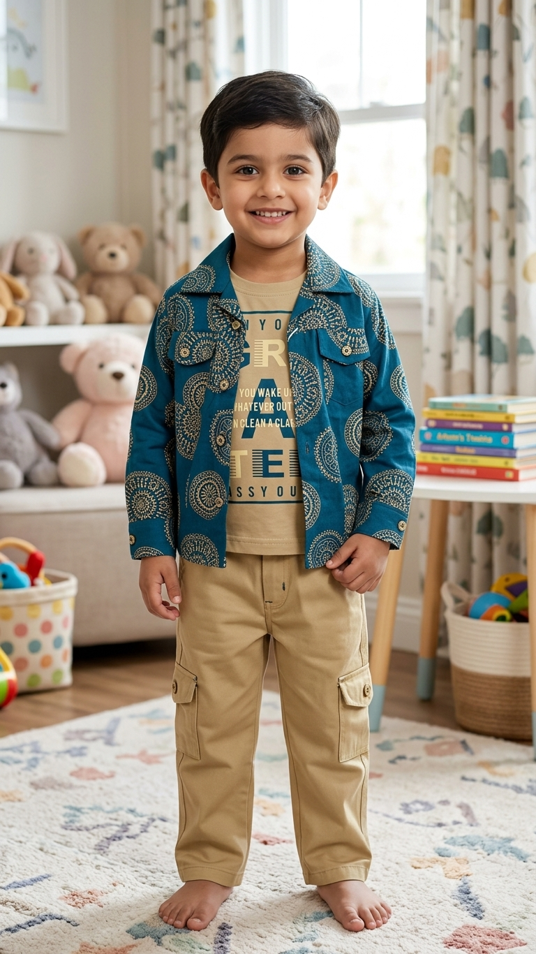 Buy Boys Teal Blue Printed Shirt & Beige Cargo Pants Set - 6540B