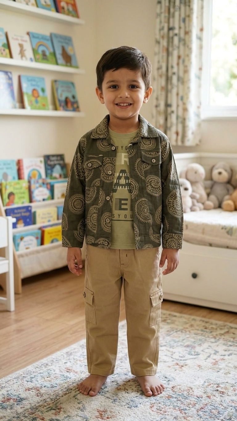 Boys Olive Mandala Printed Shirt & Beige Cargo Pants Set -6540G