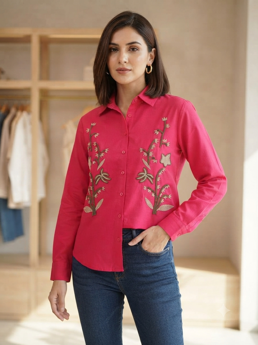 Pink Floral Embroidered Button-Down Shirt for Women | Olecuzi