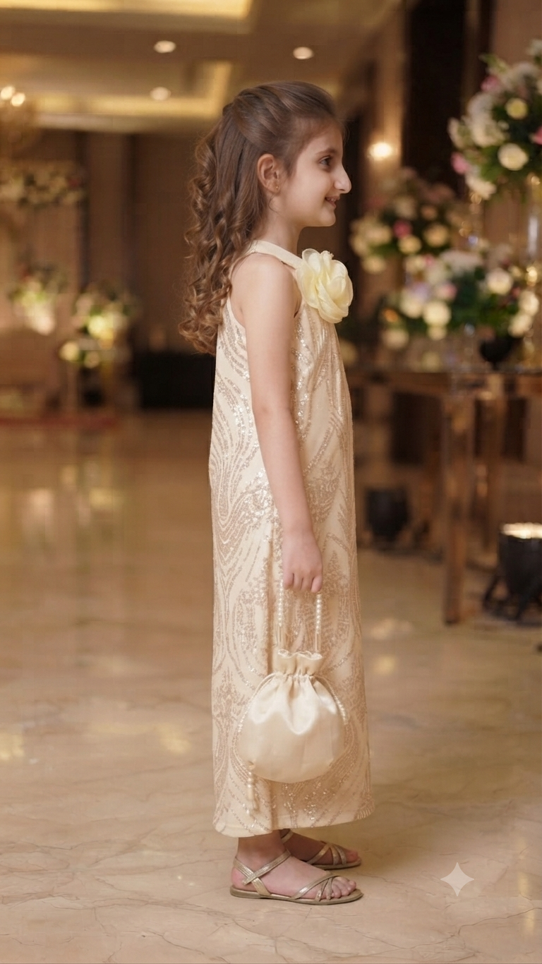 Kids Golden Sequin Party Gown with Matching Potli Bag