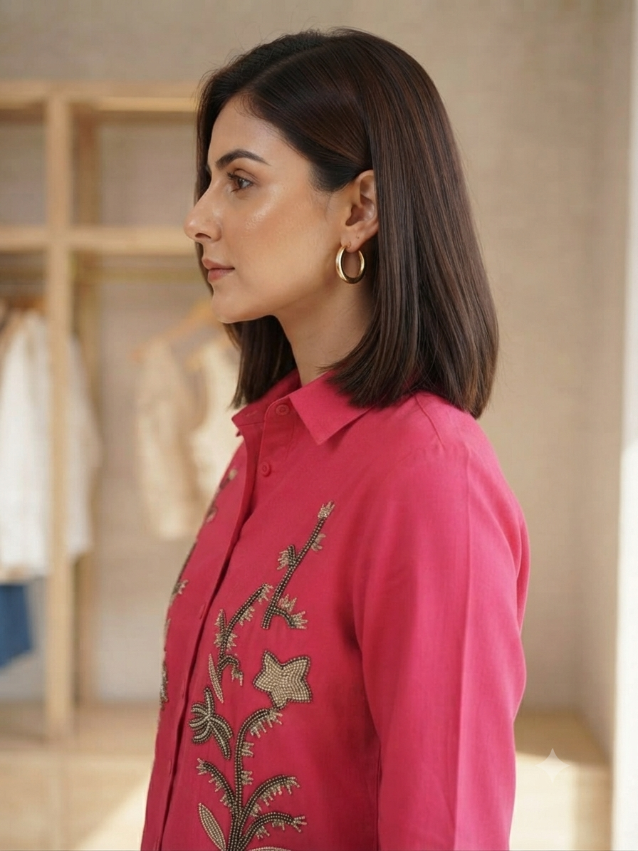 Pink Floral Embroidered Button-Down Shirt for Women | Olecuzi