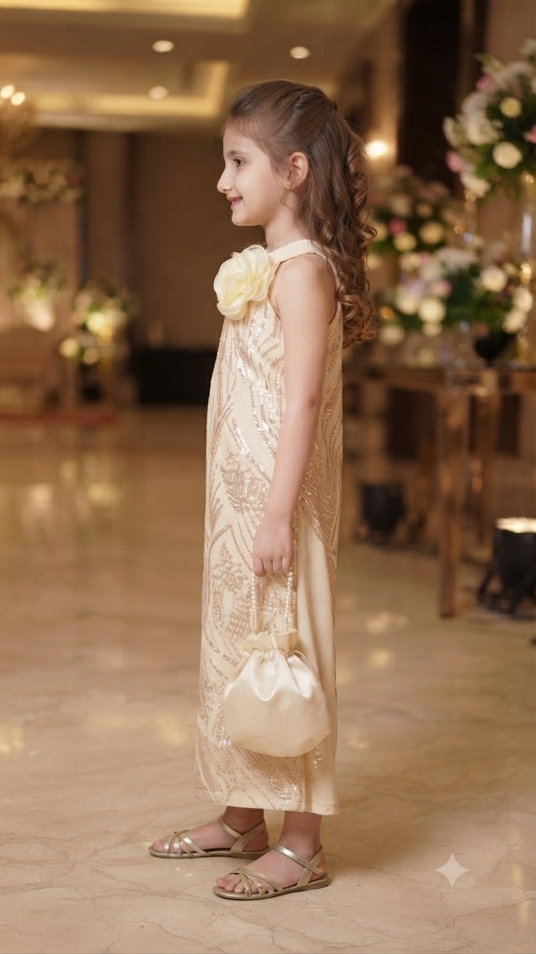 Kids Golden Sequin Party Gown with Matching Potli Bag