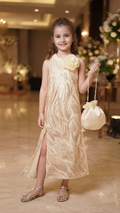 Kids Golden Sequin Party Gown with Matching Potli Bag
