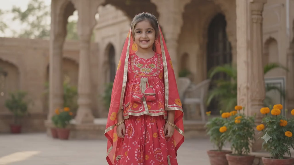 Olecuzi Cute Red Bandhani Print Lehenga Choli Set for Girls
