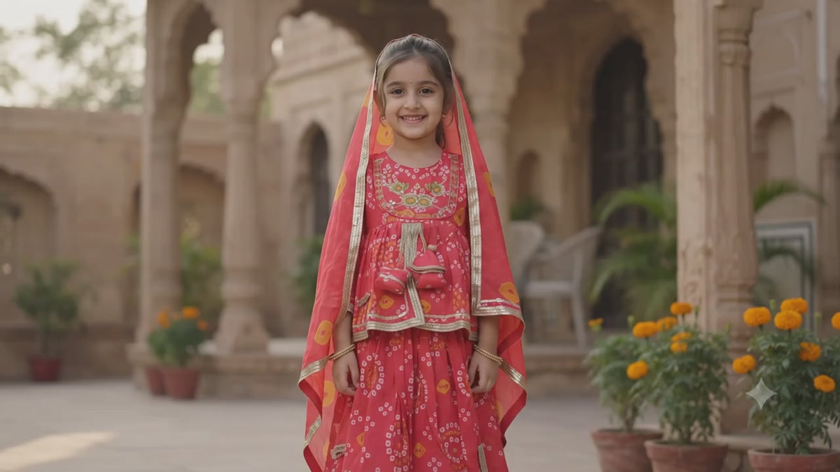 Olecuzi Cute Red Bandhani Print Lehenga Choli Set for Girls
