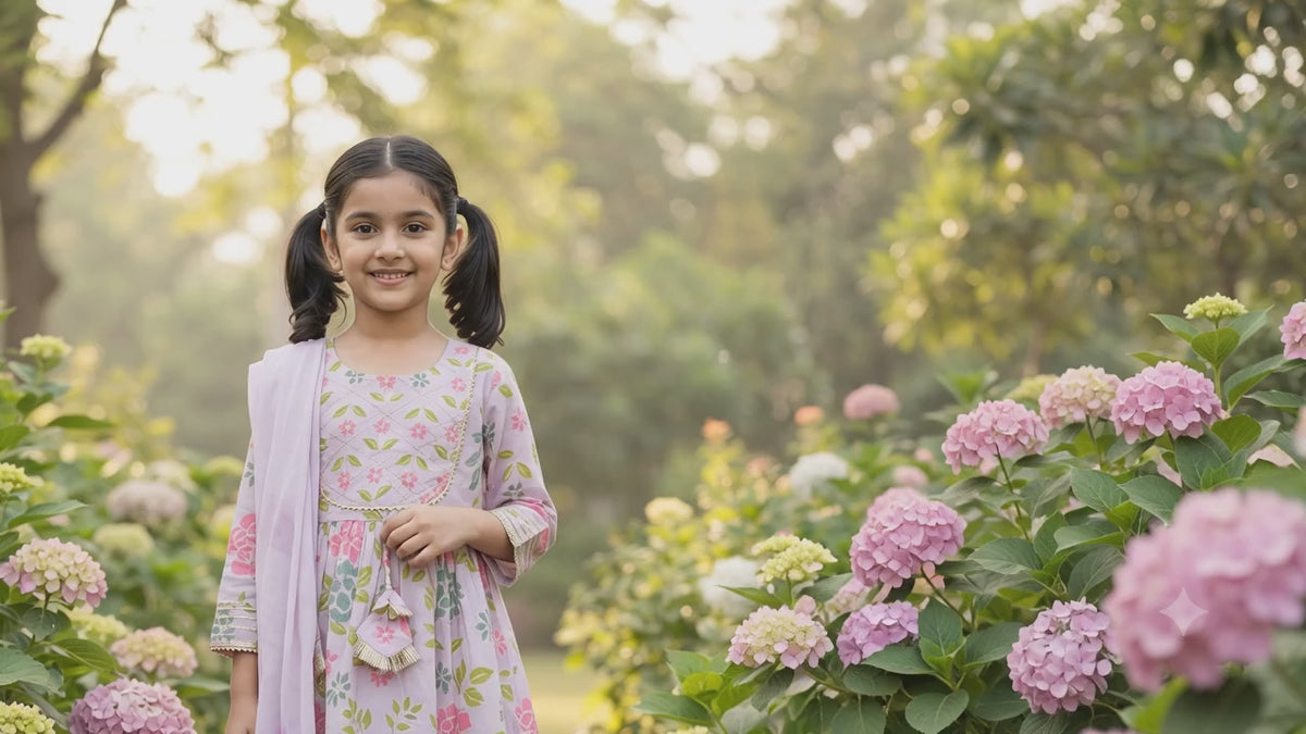 Girls Lavender Floral Printed Kurta with Sharara & Dupatta Set