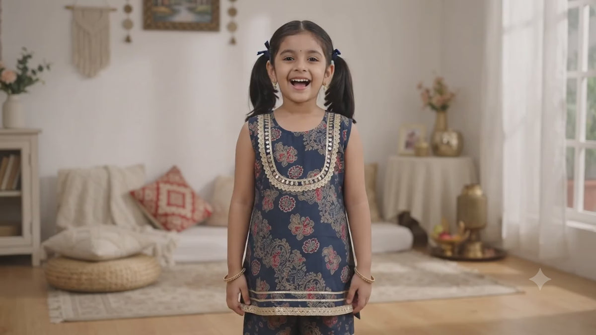 Olecuzi Girls Navy Blue Floral Print Kurta with Sharara Set - Ethnic Wear for Kids