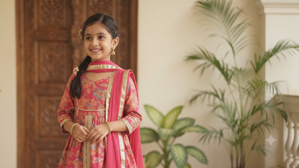 Olecuzi Designer Floral Print Kurti with Sharara and Dupatta Set for Girls