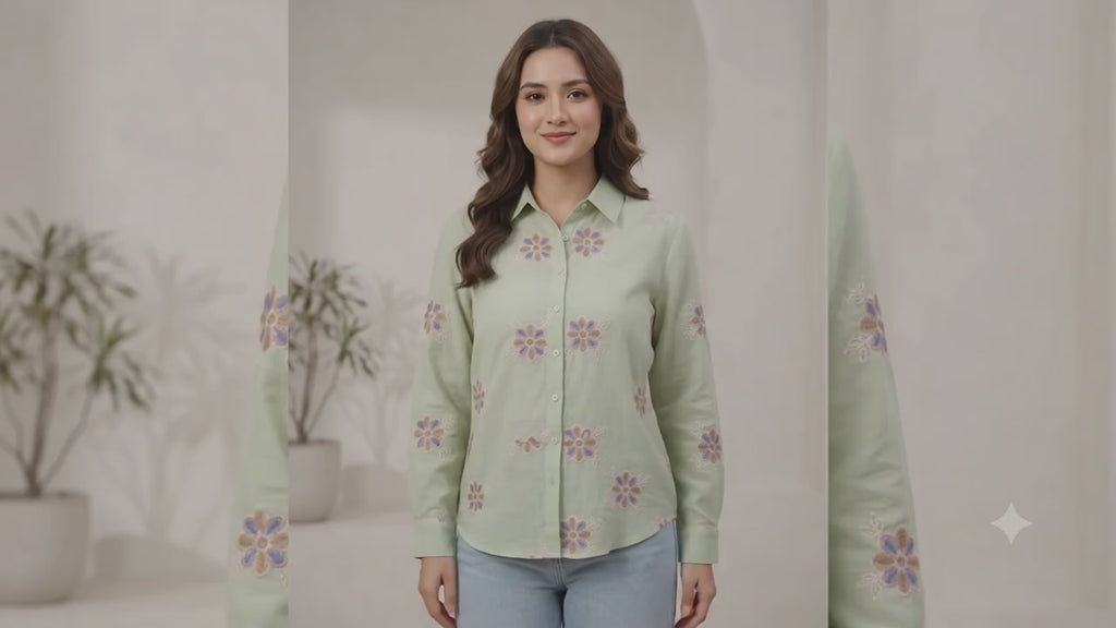 Pastel Green Floral Embroidered Cotton Shirt for Women