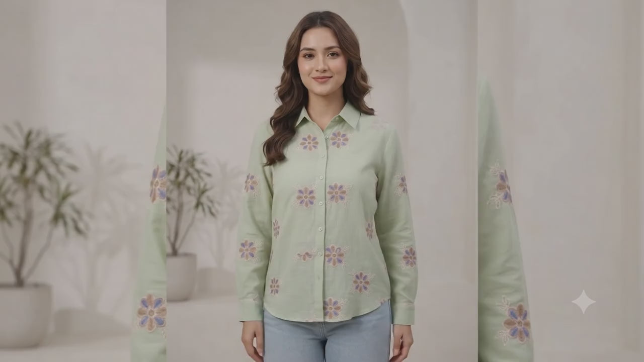 Pastel Green Floral Embroidered Cotton Shirt for Women