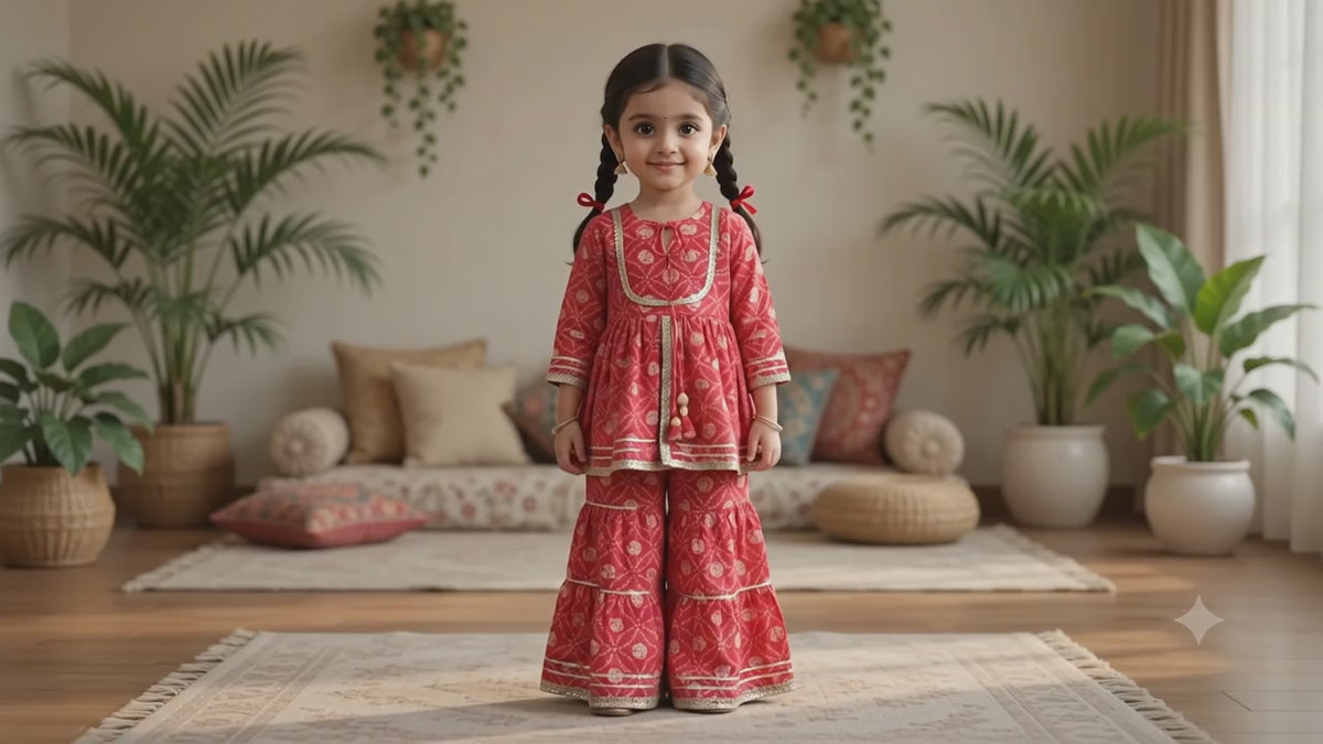 Olecuzi Designer Red Bandhani Print Peplum Kurti with Sharara and Dupatta Set for Girls
