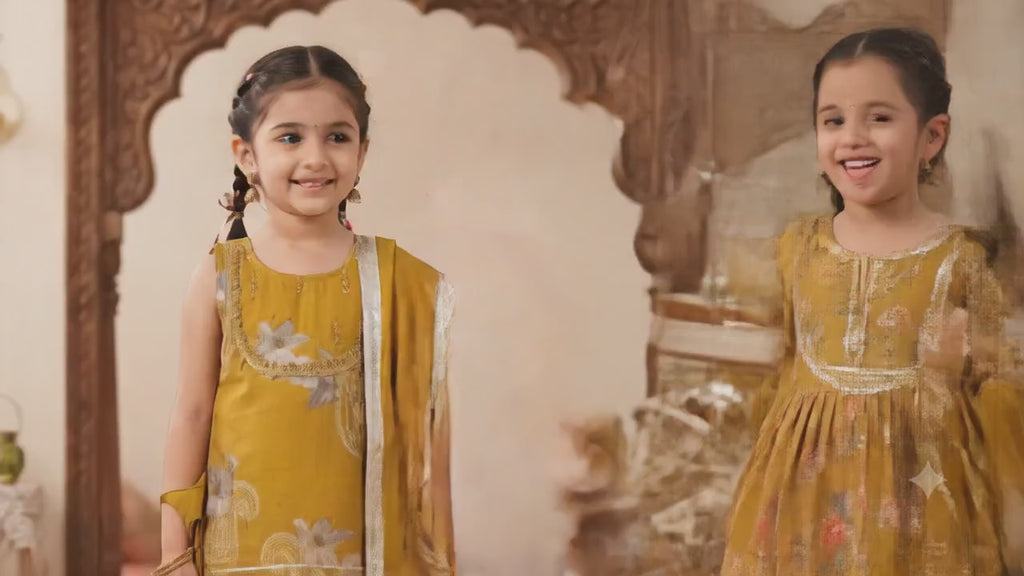 Mustard Floral Print Sharara Set for Girls