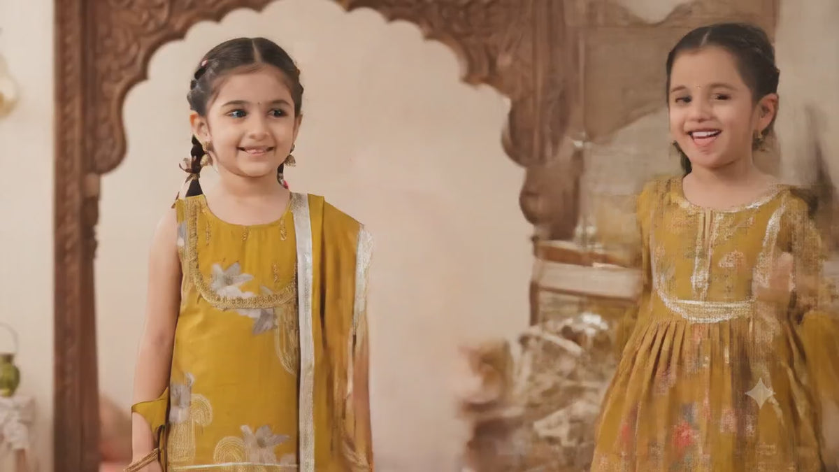 Mustard Floral Print Sharara Set for Girls