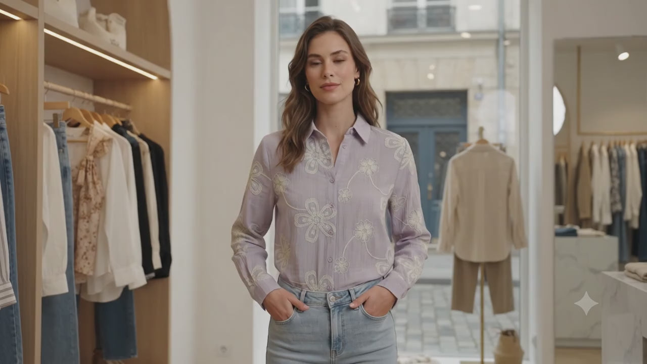 Women’s Lavender Floral Embroidered Button-Down Shirt