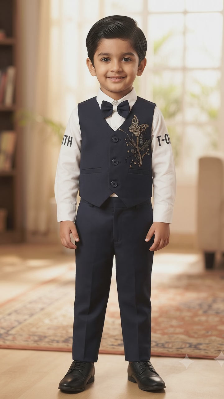 Kids Navy Blue Formal Suit Set with Butterfly Embroidery & Bow Tie | Olecuzi