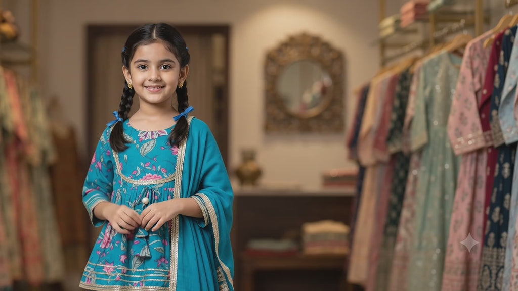 Kids Teal Blue Floral Printed Peplum Kurta with Sharara and Dupatta Set