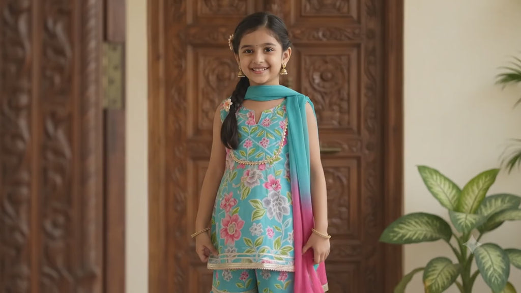Blue Floral Printed Cotton Kurta with Sharara & Dupatta Set for Girls