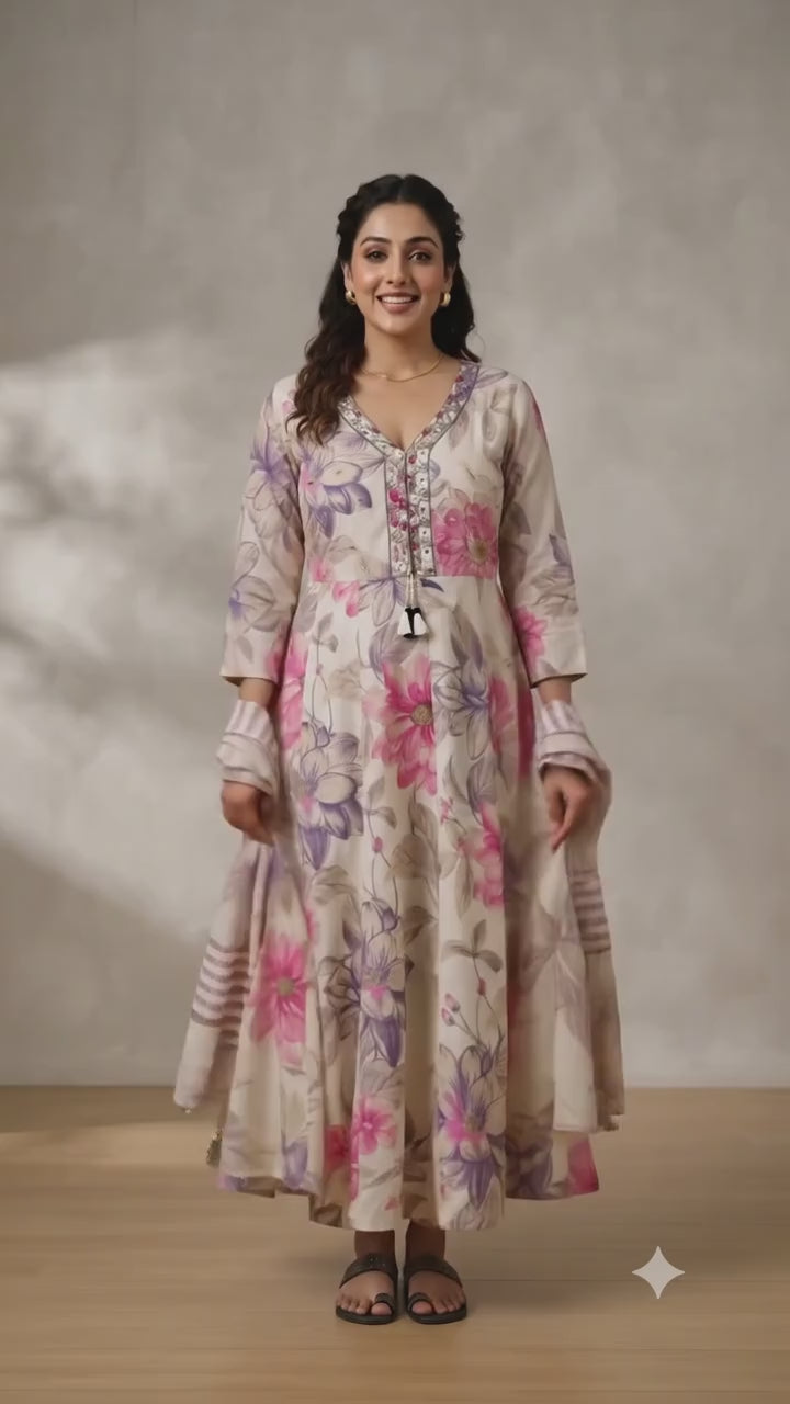 Elegant Floral Mul Cotton Long Anarkali with Dupatta