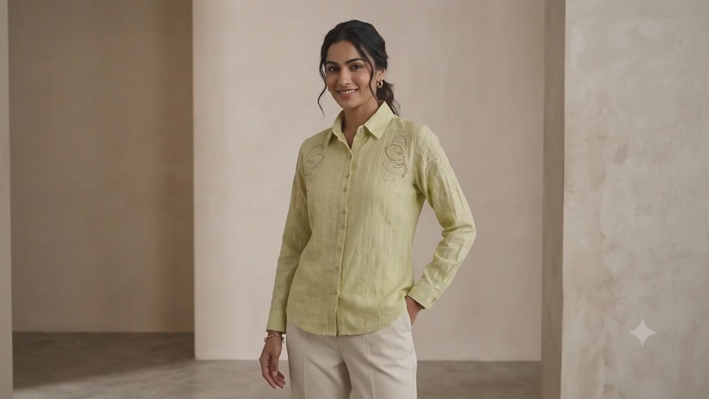 Pastel Yellow Embroidered Linen-Blend Shirt | Elegant Casual Top